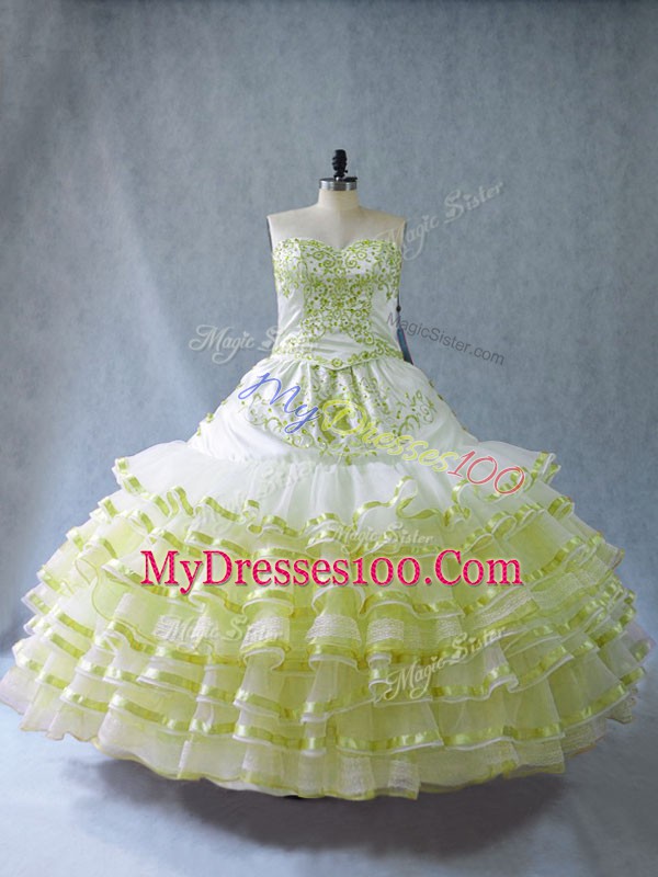 Yellow Green Quince Ball Gowns Embroidery and Ruffled Layers Sleeveless Floor Length