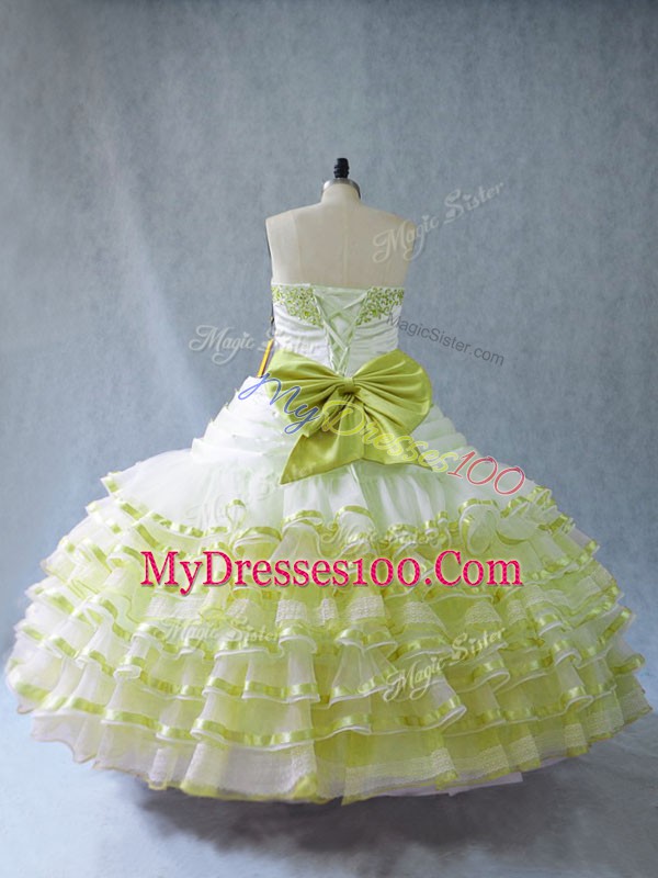 Yellow Green Quince Ball Gowns Embroidery and Ruffled Layers Sleeveless Floor Length