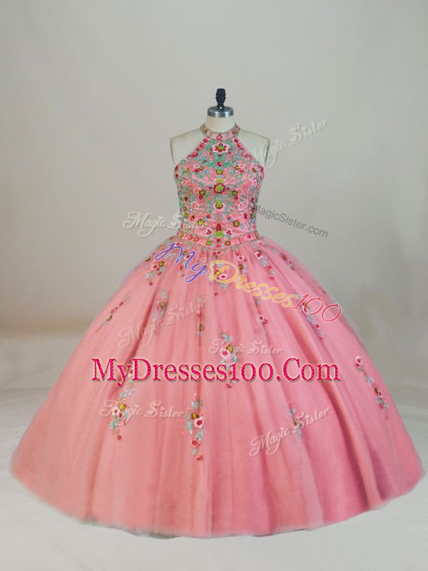 Smart Tulle Sleeveless Ball Gown Prom Dress Brush Train and Appliques and Embroidery