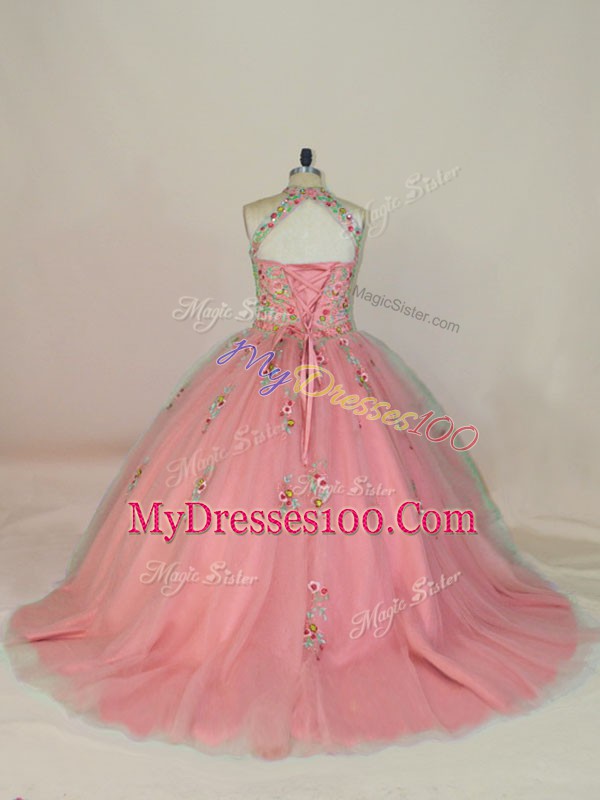 Smart Tulle Sleeveless Ball Gown Prom Dress Brush Train and Appliques and Embroidery