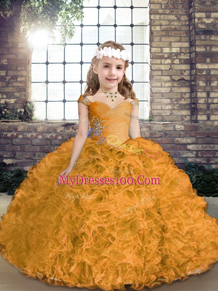 Gold Lace Up Little Girls Pageant Dress Beading Sleeveless Asymmetrical