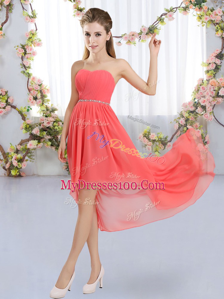 Watermelon Red Empire Strapless Sleeveless Chiffon High Low Lace Up Beading Damas Dress