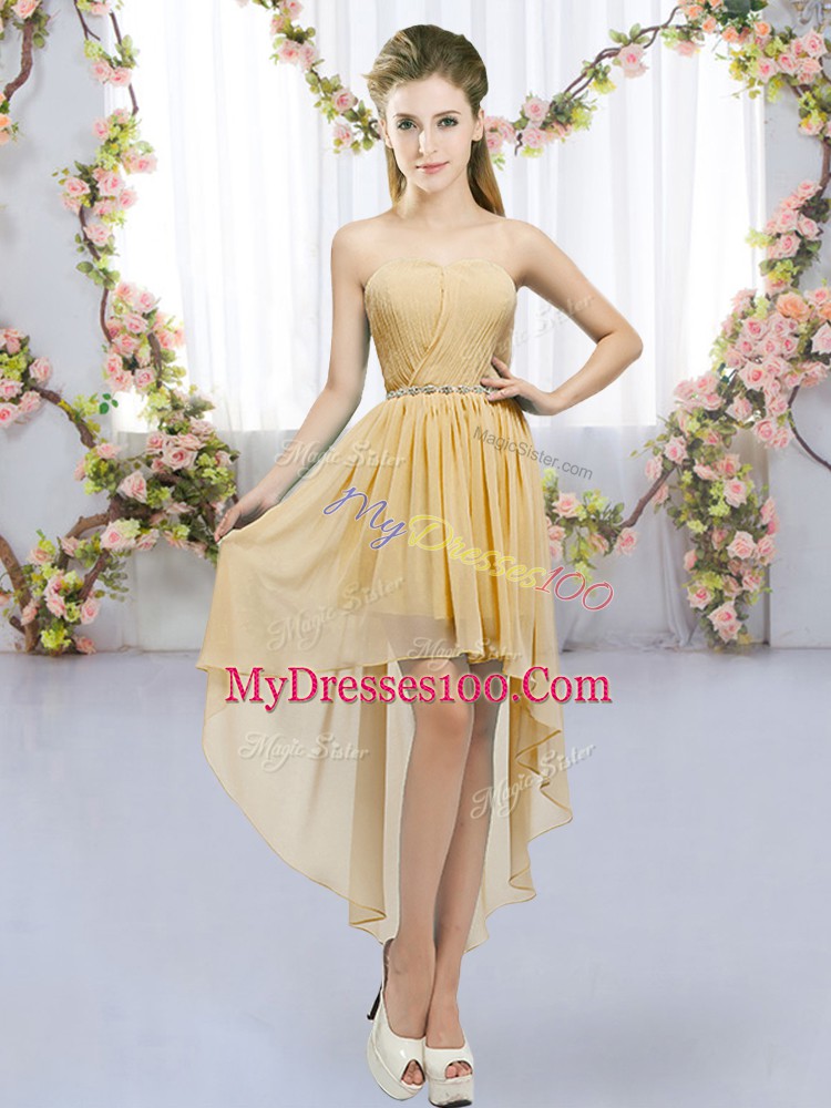 Empire Quinceanera Court Dresses Gold Sweetheart Chiffon Sleeveless High Low Lace Up
