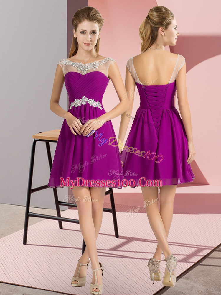 Purple Cap Sleeves Mini Length Beading Lace Up Bridesmaid Dresses