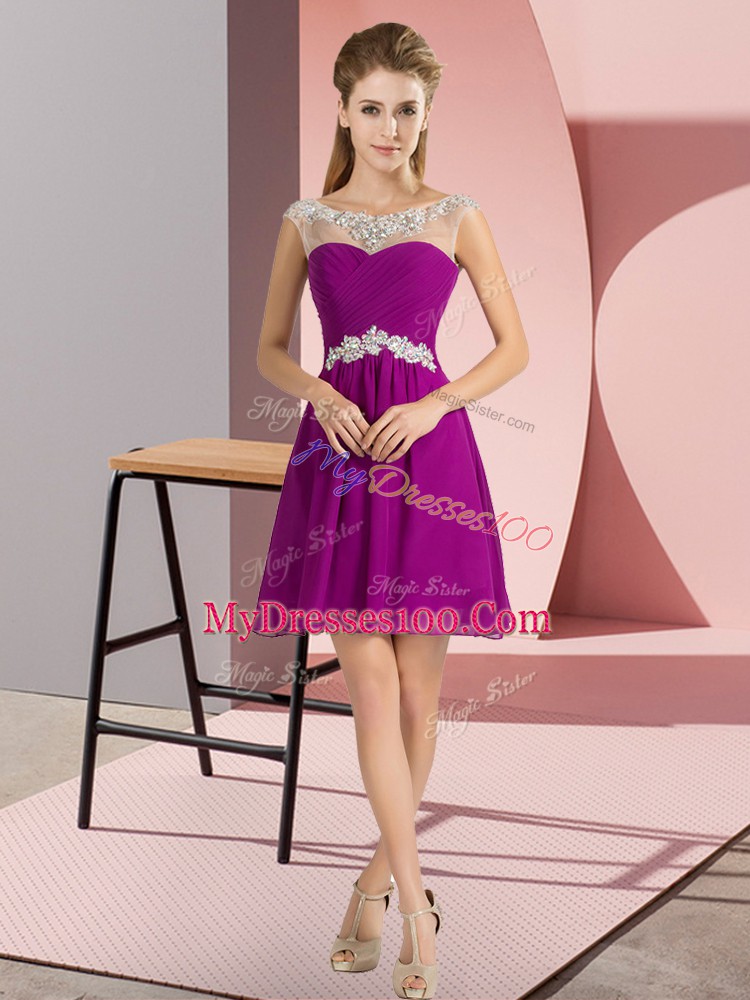 Purple Cap Sleeves Mini Length Beading Lace Up Bridesmaid Dresses
