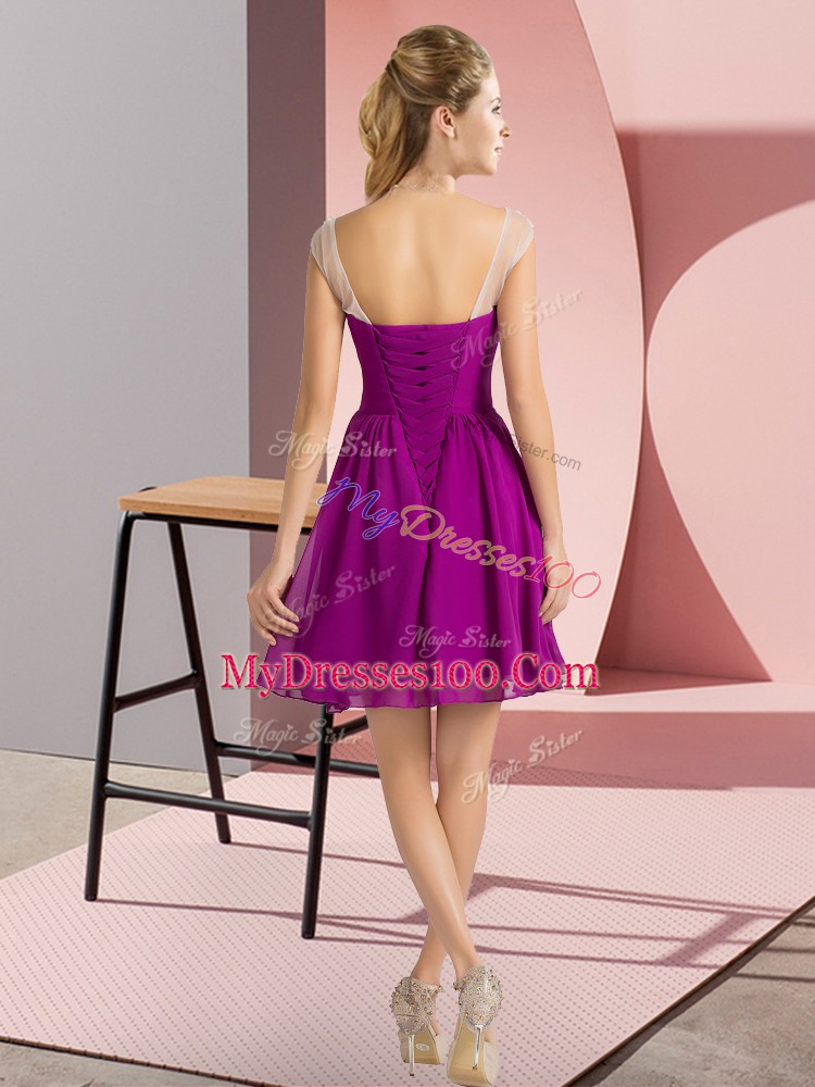 Purple Cap Sleeves Mini Length Beading Lace Up Bridesmaid Dresses