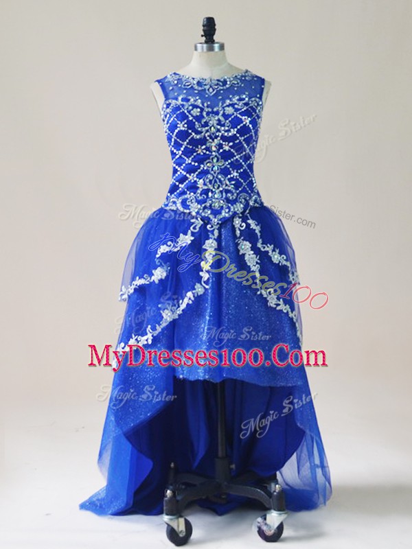 Royal Blue Sleeveless Beading and Appliques High Low Prom Dress