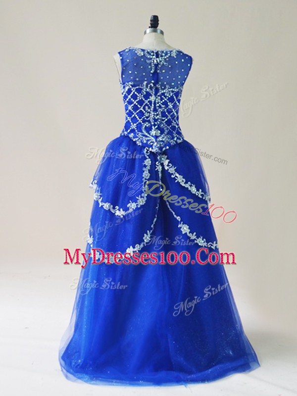 Royal Blue Sleeveless Beading and Appliques High Low Prom Dress