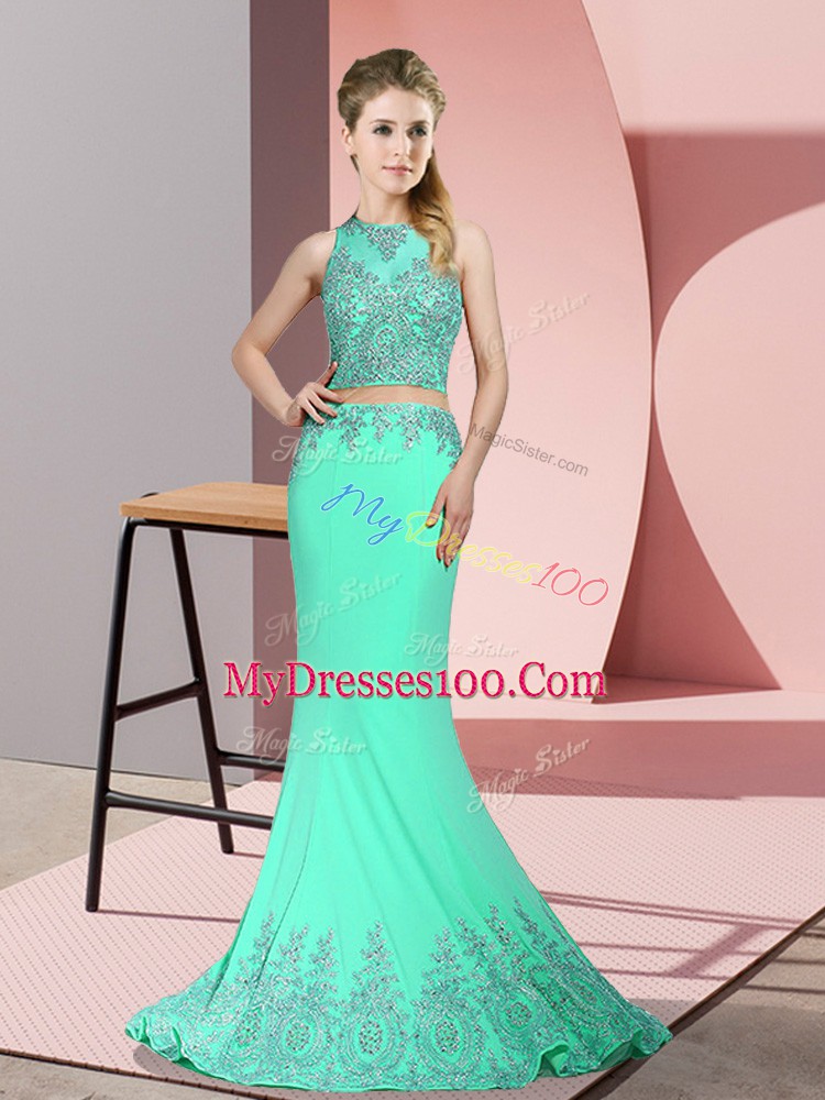 High Class Apple Green Sleeveless Satin Sweep Train Zipper Dress for Prom for Prom and Party
