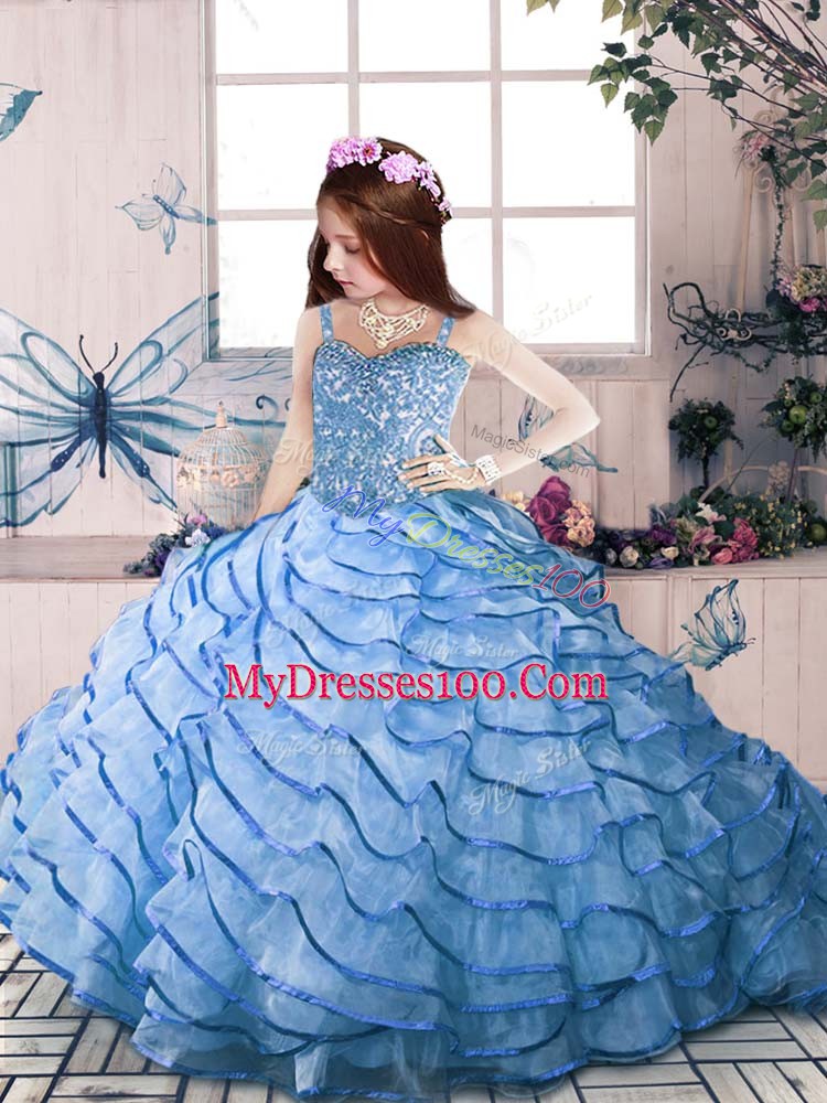 High Class Organza Sleeveless Floor Length Little Girl Pageant Dress Court Train and Beading and Ruffled Layers