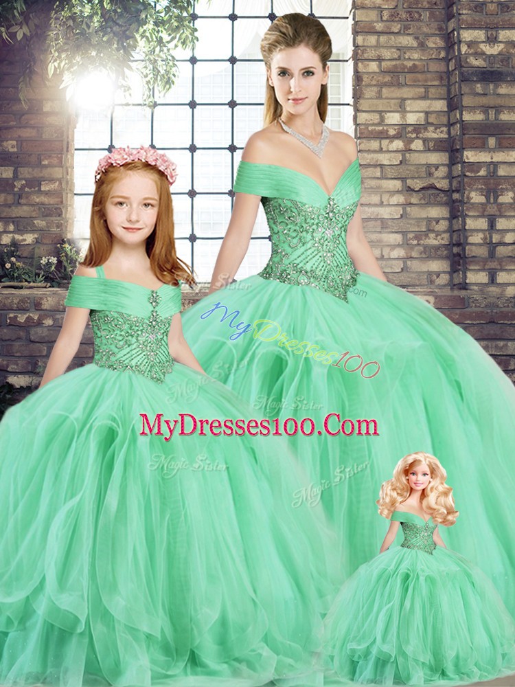 Customized Tulle Off The Shoulder Sleeveless Lace Up Beading and Ruffles Ball Gown Prom Dress in Apple Green