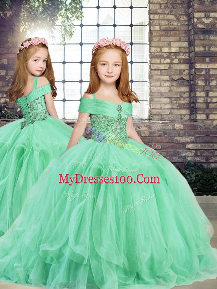 Customized Tulle Off The Shoulder Sleeveless Lace Up Beading and Ruffles Ball Gown Prom Dress in Apple Green