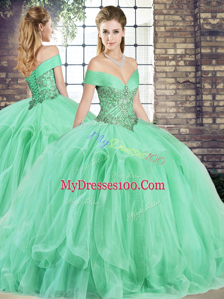 Customized Tulle Off The Shoulder Sleeveless Lace Up Beading and Ruffles Ball Gown Prom Dress in Apple Green