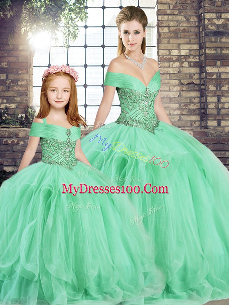 Customized Tulle Off The Shoulder Sleeveless Lace Up Beading and Ruffles Ball Gown Prom Dress in Apple Green