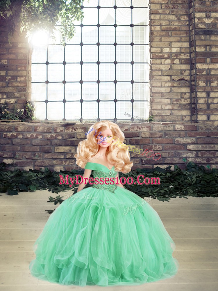 Customized Tulle Off The Shoulder Sleeveless Lace Up Beading and Ruffles Ball Gown Prom Dress in Apple Green