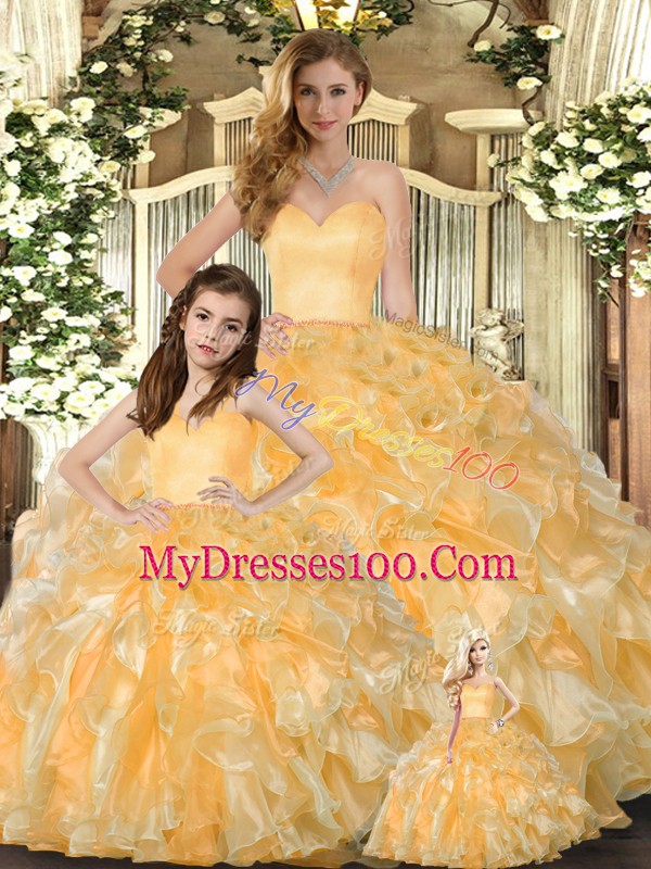 Cheap Gold Lace Up Ball Gown Prom Dress Beading and Ruffles Sleeveless Floor Length