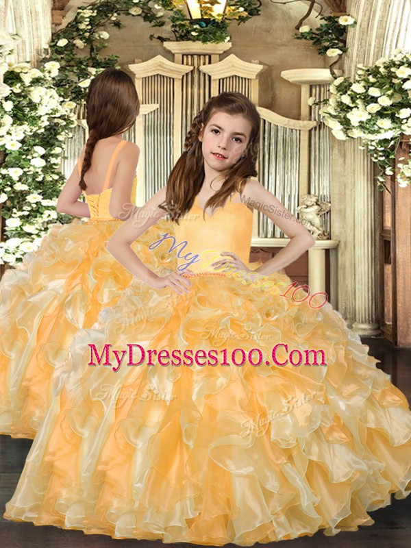 Cheap Gold Lace Up Ball Gown Prom Dress Beading and Ruffles Sleeveless Floor Length