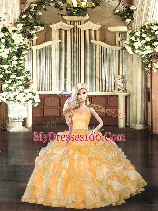 Cheap Gold Lace Up Ball Gown Prom Dress Beading and Ruffles Sleeveless Floor Length