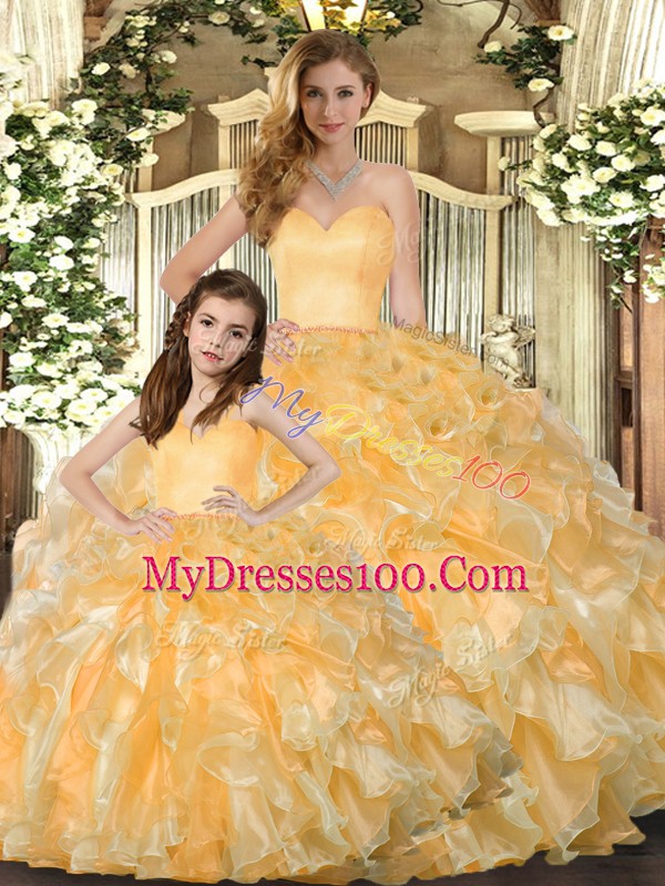 Cheap Gold Lace Up Ball Gown Prom Dress Beading and Ruffles Sleeveless Floor Length