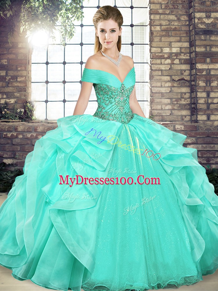 Glorious Apple Green Organza Lace Up Quinceanera Gown Sleeveless Floor Length Beading and Ruffles