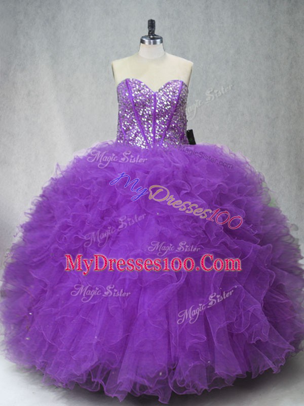 Top Selling Purple Lace Up Quinceanera Dresses Beading and Ruffles Sleeveless Floor Length