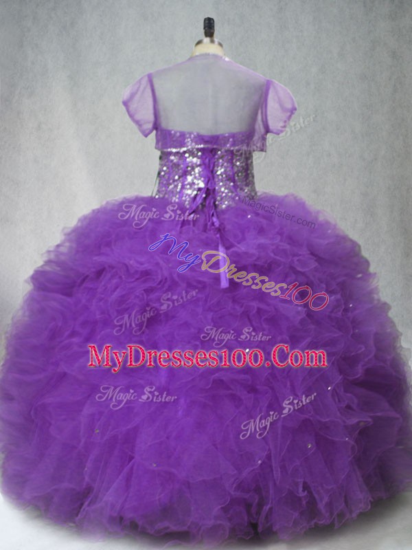 Top Selling Purple Lace Up Quinceanera Dresses Beading and Ruffles Sleeveless Floor Length