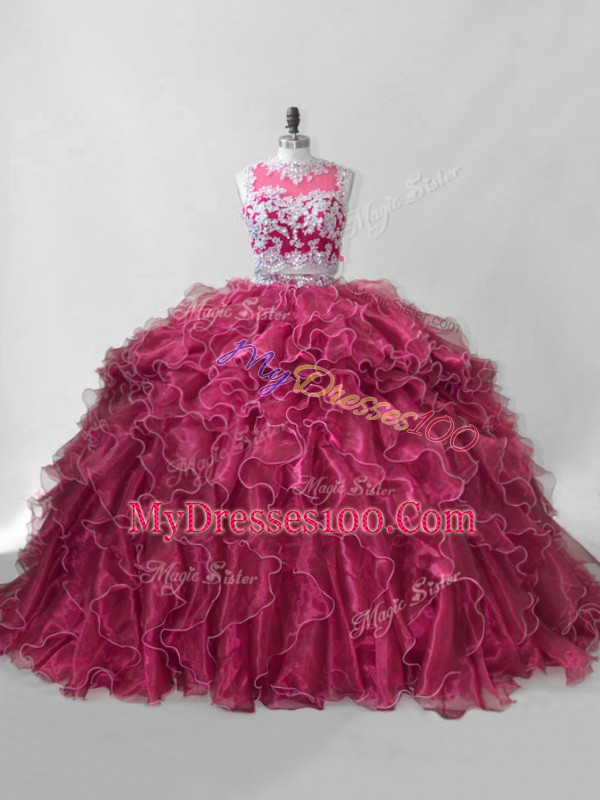Wine Red Organza Zipper Scoop Sleeveless 15 Quinceanera Dress Brush Train Beading and Ruffles