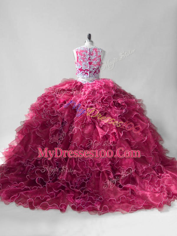 Wine Red Organza Zipper Scoop Sleeveless 15 Quinceanera Dress Brush Train Beading and Ruffles