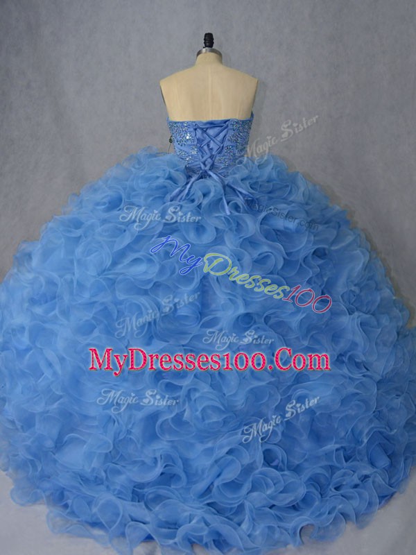 Low Price Sleeveless Beading and Ruffles Lace Up Quince Ball Gowns with Blue Brush Train