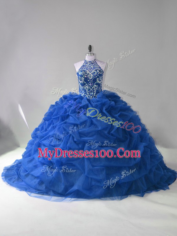 Low Price Blue Ball Gown Prom Dress Sweet 16 and Quinceanera with Beading and Pick Ups Halter Top Sleeveless Court Train Lace Up