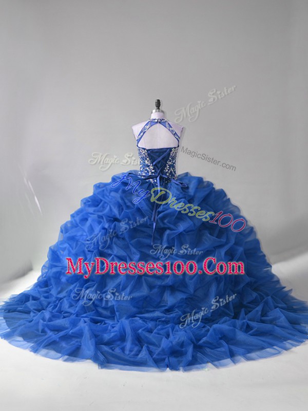 Low Price Blue Ball Gown Prom Dress Sweet 16 and Quinceanera with Beading and Pick Ups Halter Top Sleeveless Court Train Lace Up