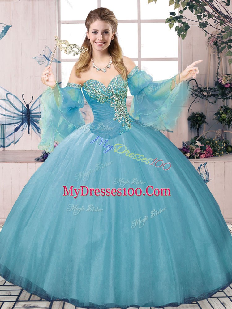 Lace Up 15 Quinceanera Dress Blue for Sweet 16 and Quinceanera with Beading and Ruching