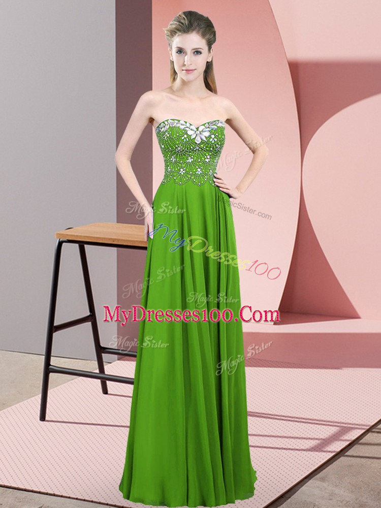 New Arrival Green Sleeveless Floor Length Beading Zipper Evening Dress