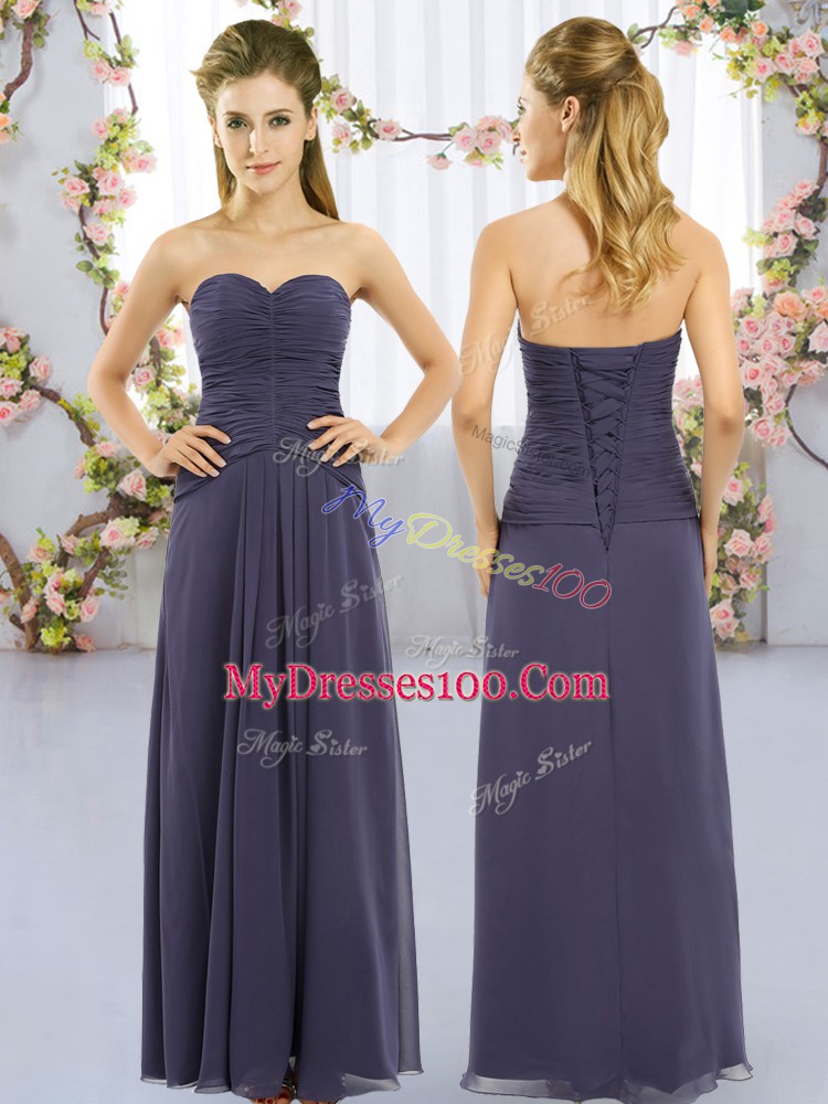 Fantastic Navy Blue Chiffon Lace Up Sweetheart Sleeveless Floor Length Bridesmaid Dress Ruching