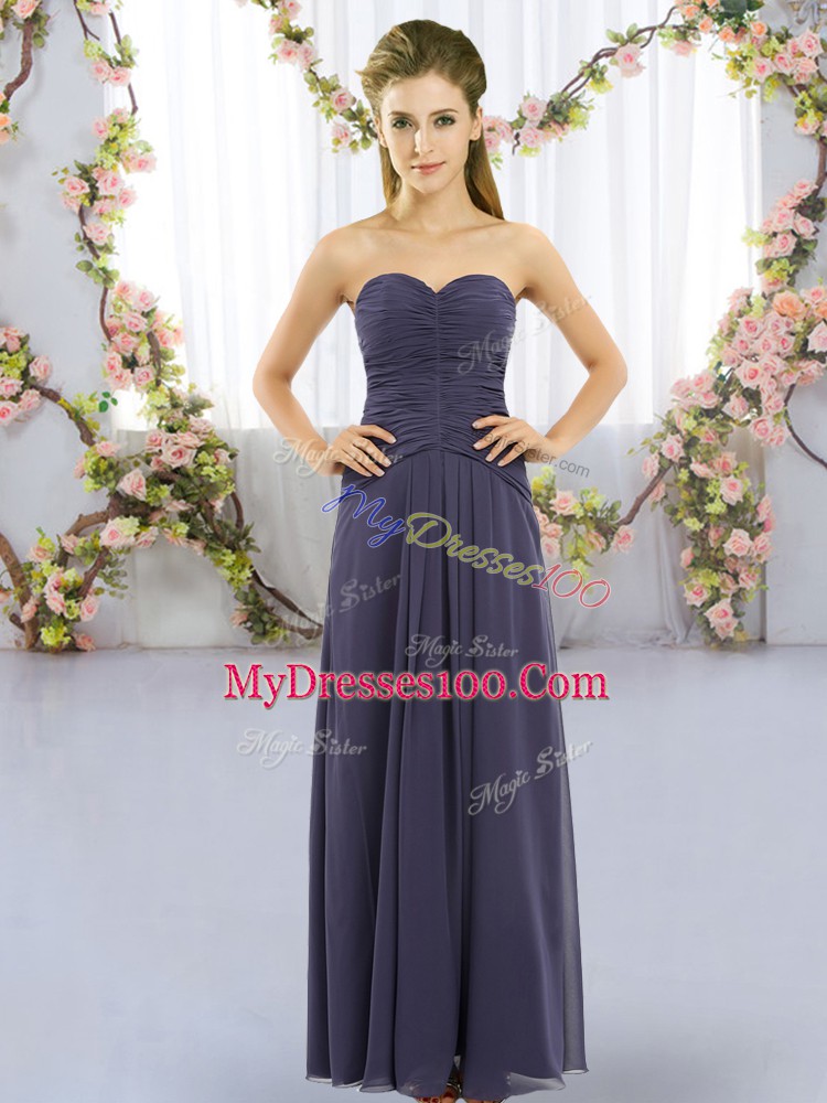 Fantastic Navy Blue Chiffon Lace Up Sweetheart Sleeveless Floor Length Bridesmaid Dress Ruching