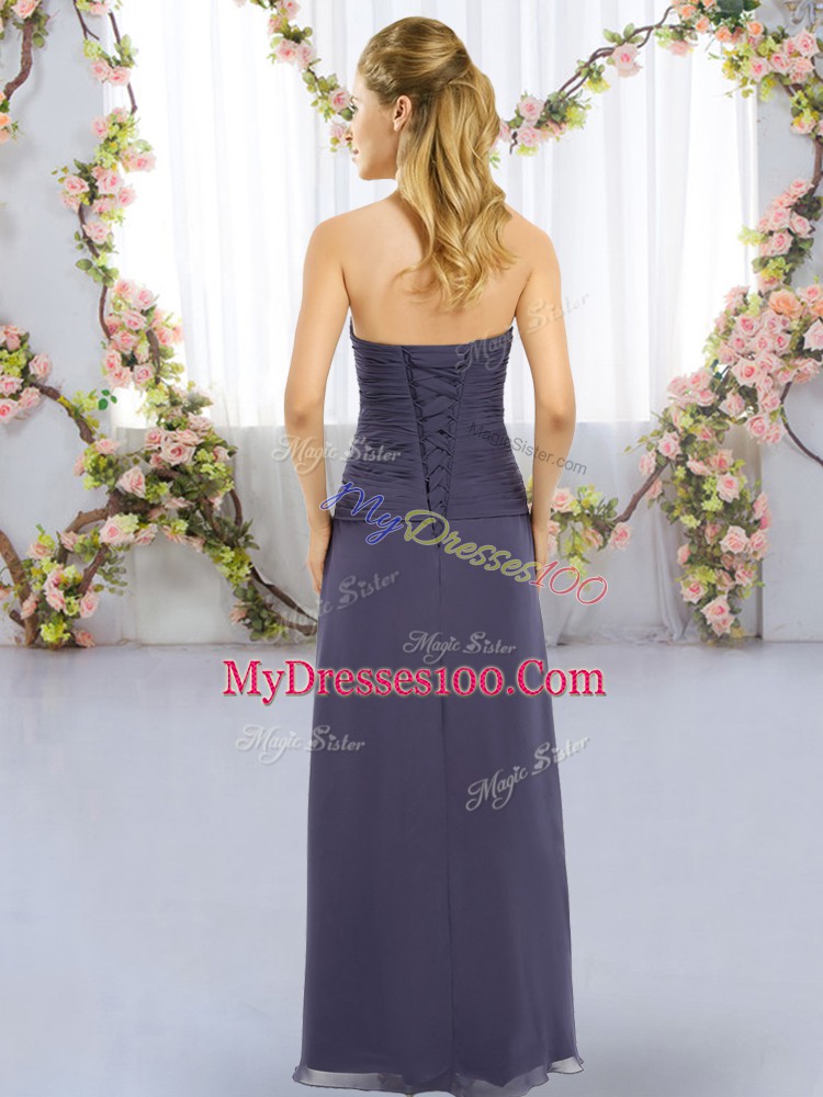 Fantastic Navy Blue Chiffon Lace Up Sweetheart Sleeveless Floor Length Bridesmaid Dress Ruching