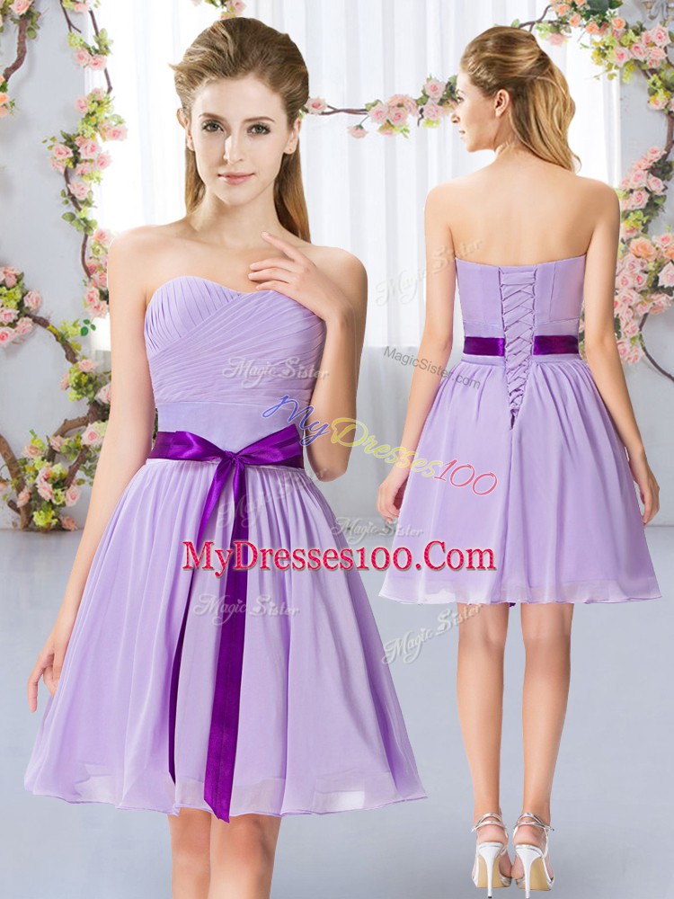 Sleeveless Lace Up Mini Length Belt Bridesmaid Dresses