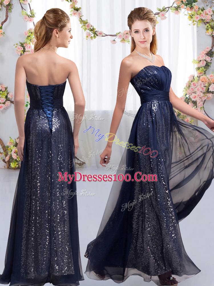 Charming Navy Blue Empire Sweetheart Sleeveless Chiffon and Sequined Floor Length Lace Up Sequins Wedding Guest Dresses