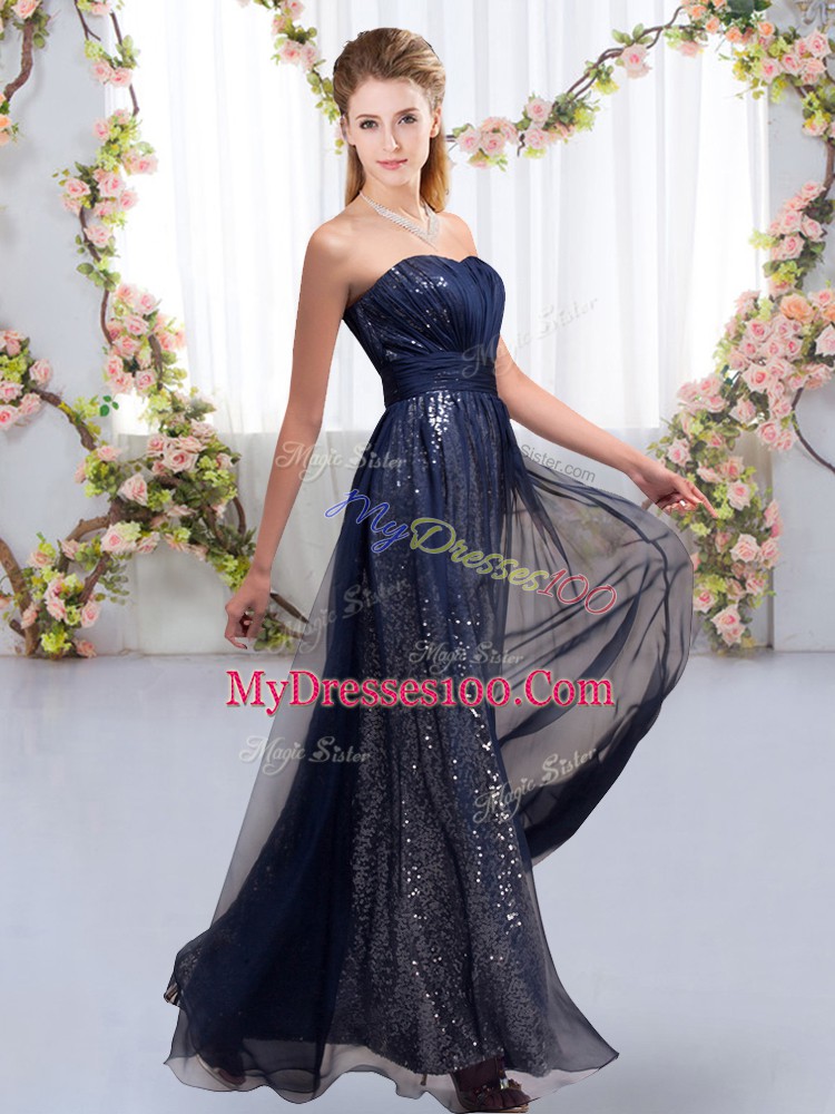 Charming Navy Blue Empire Sweetheart Sleeveless Chiffon and Sequined Floor Length Lace Up Sequins Wedding Guest Dresses