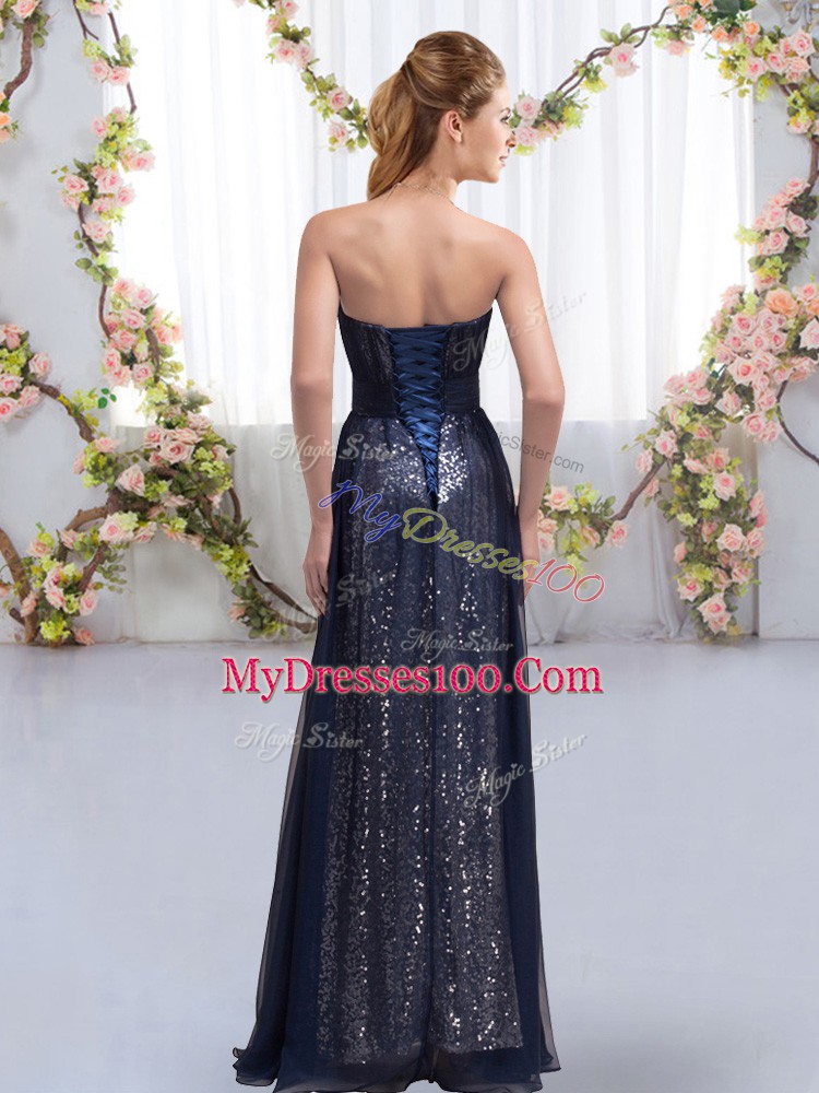 Charming Navy Blue Empire Sweetheart Sleeveless Chiffon and Sequined Floor Length Lace Up Sequins Wedding Guest Dresses