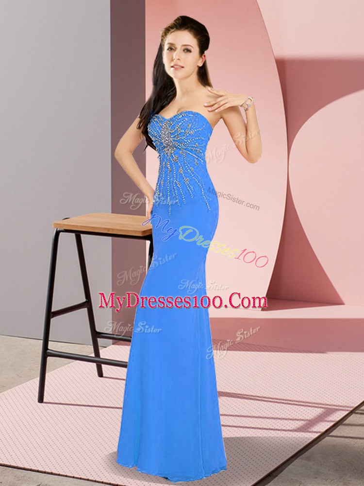 Blue Sleeveless Floor Length Beading Zipper Prom Dresses