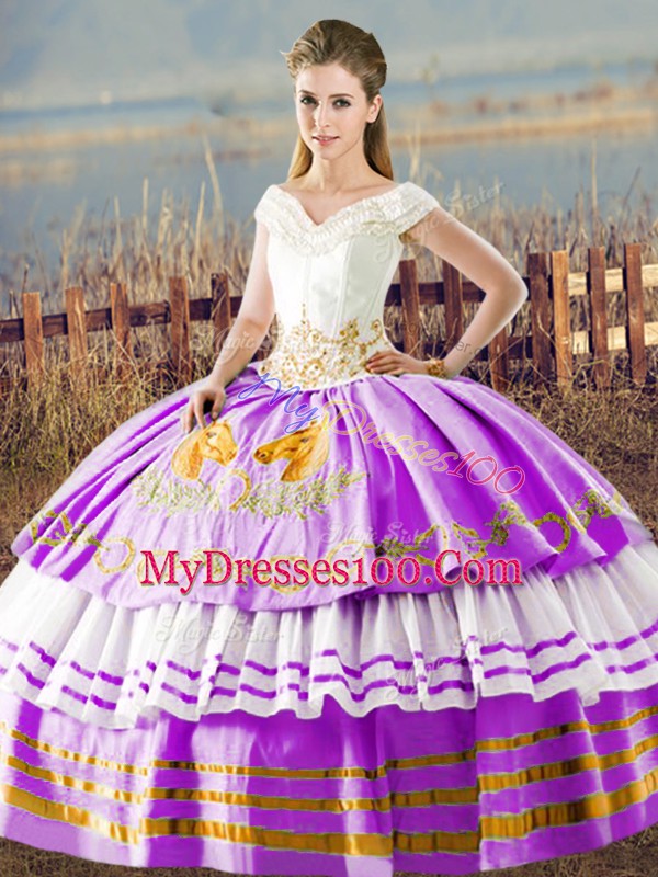 Lilac Lace Up 15 Quinceanera Dress Embroidery and Ruffled Layers Sleeveless Floor Length