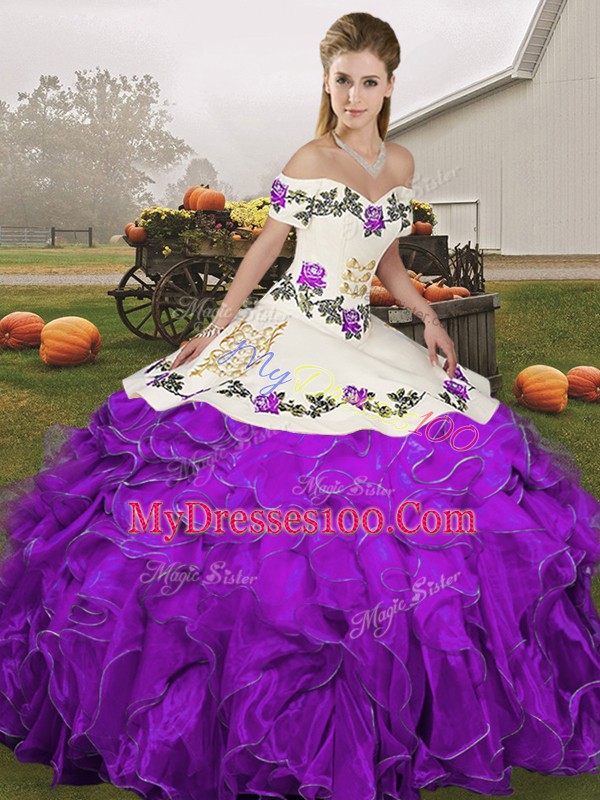 Sleeveless Organza Floor Length Lace Up 15 Quinceanera Dress in White And Purple with Embroidery and Ruffles