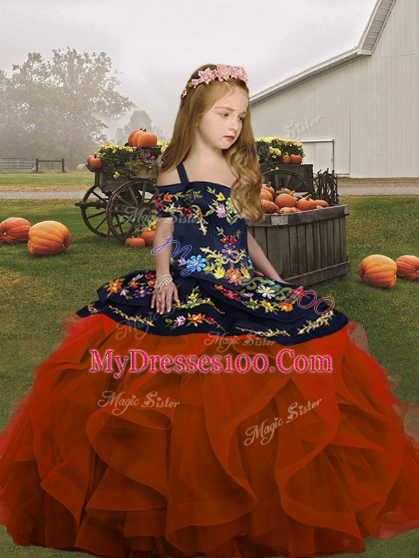 Rust Red Ball Gowns Embroidery and Ruffles Pageant Gowns For Girls Lace Up Tulle Sleeveless Floor Length