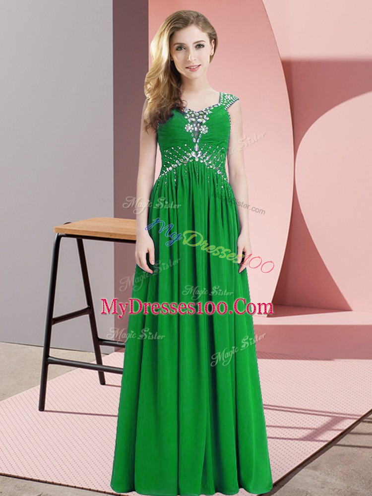 Classical Green Chiffon Prom Gown Cap Sleeves Floor Length Beading