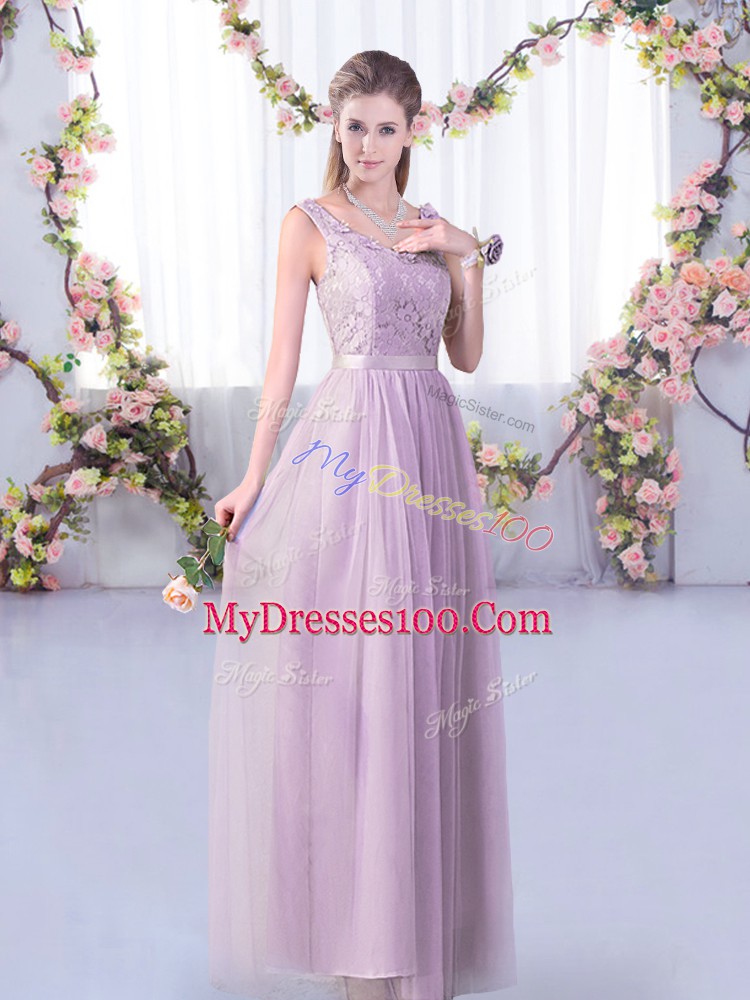 Lavender V-neck Side Zipper Lace and Belt Quinceanera Dama Dress Sleeveless