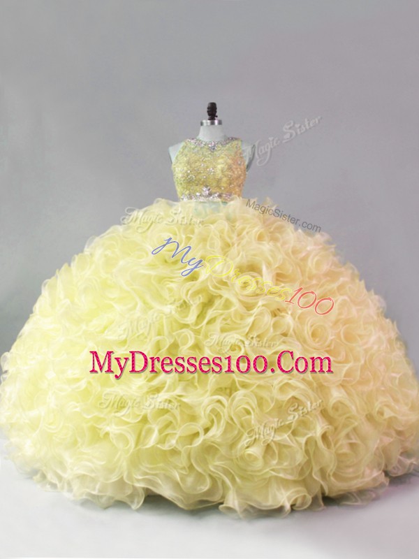 Sleeveless Fabric With Rolling Flowers Floor Length Zipper Quinceanera Gowns in Yellow with Beading