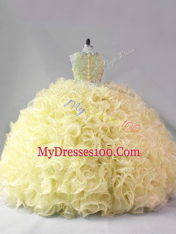 Sleeveless Fabric With Rolling Flowers Floor Length Zipper Quinceanera Gowns in Yellow with Beading