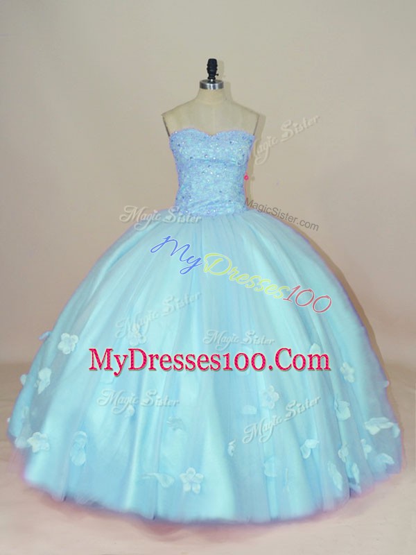 Aqua Blue Sweetheart Neckline Beading and Hand Made Flower Sweet 16 Dress Sleeveless Lace Up