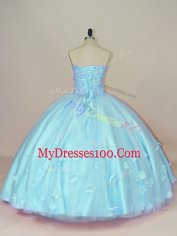 Aqua Blue Sweetheart Neckline Beading and Hand Made Flower Sweet 16 Dress Sleeveless Lace Up